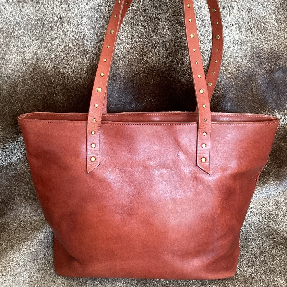 Lucky Brand Reddish Brown Leather Gold Rivets Tote Handbag